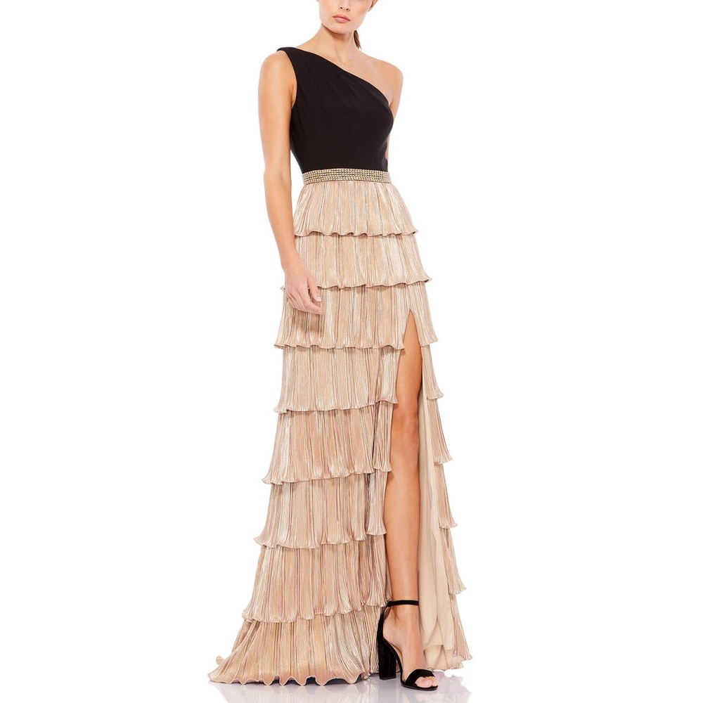 Mac Duggal ONE SHOULDER LAYERED METALLIC RUFFLE GOWN